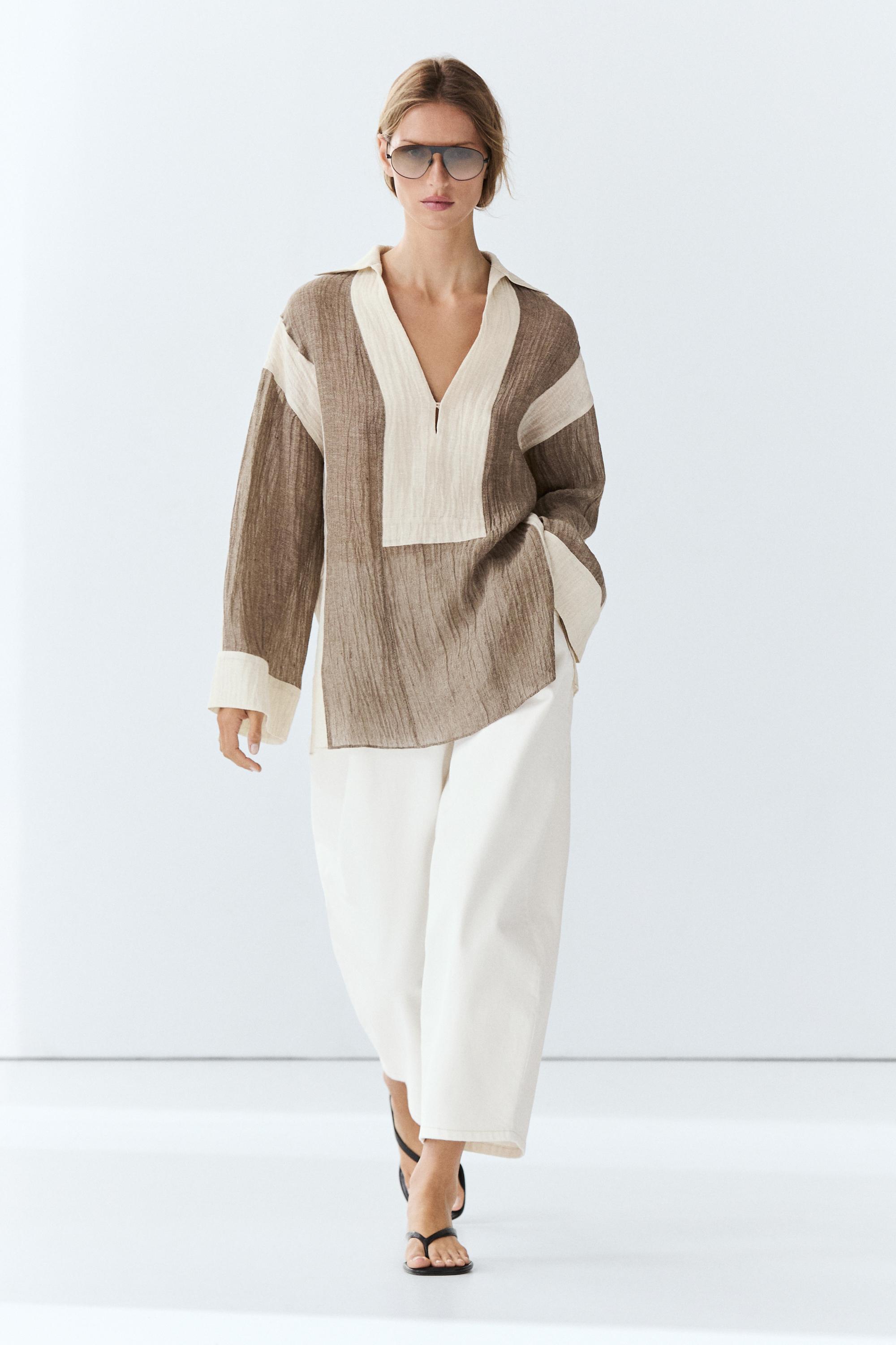 Flowing textured linen blend blouse